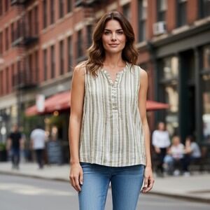 Faherty Womens Tan White Striped 100% Linen Sleeveless Henley Pintuck Top M Boho